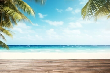 Poster - Wooden deck table top on tropical beach background. High quality photo