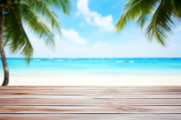 Poster - Table Top And Blur Tropical Beach Of The Blur Exterior Background. High quality photo