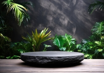 Poster - Empty black stone platform with tropical plants on dark background. High quality photo