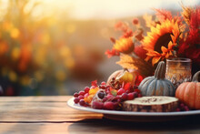 Bright Background With Beautiful Thanksgiving Decorating. Pumpkins With Fruits, Flowers, Vegetables And Leaves. AI Generated