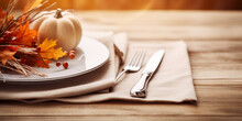 Autumn Place Setting With Fall Leaves, Napkin And Pumpkins. Thanksgiving Autumn Place Setting With Cutlery And Arrangement Of Fall Leaves