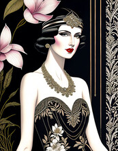 Portrait Of A 1920 Art Deco Style Woman With Flowers