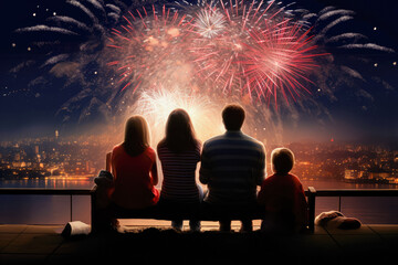 Wall Mural - Happy family watching fireworks on the background of the night city