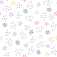 Cute cat animal paw prints path simple cartoon seamless pattern vector illustration, domestic pet cute doodle traces, pastel colored cozy home interior concept