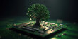 © Vagner Castro - Ecological technological concept. Green tree growing on computer motherboard processor. Green computing, green IT in a technology environment. Realistic 3D illustration. Generative AI