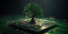 Ecological Technological Concept. Green Tree Growing On Computer Motherboard Processor. Green Computing, Green IT In A Technology Environment. Realistic 3D Illustration. Generative AI