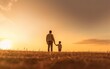 Father and little son in nature at sunset, happy family concept, generative ai