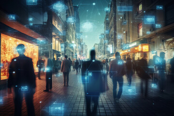 Crowd of entrepreneurs tracked with technology walking through busy urban city streets.