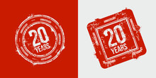 Group Of 20th Anniversary Logos Drawn As Stamps, Red Frames For Celebration. Grunge Rubber Stamp Texture. Holiday Stamps. Collection Of Postage Stamps. Vector Round And Rectangular Stamps