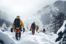 Rescue team searching the snow-covered mountain