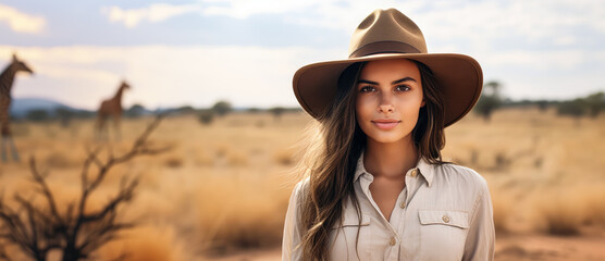 Young woman wearing adventurer outfit and hat on African safari. Savanna and blurred wild giraffe in background. Generative AI