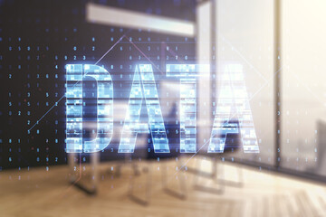 Wall Mural - creative data word hologram and modern desk with computer on background, big data and blockchain con