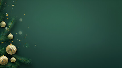 Wall Mural - Christmas and New Year holiday background. Emerald Glass Balls and gold star hanging Christmas tree branch on green background with copy space for text. The concept of Christmas and New Year holidays