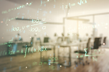 double exposure of scientific formula hologram on modern corporate office background, research and d