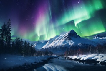 Wall Mural - northern lights shining green over snowy mountains in a polar scenary