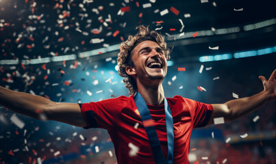 Wall Mural - Portrait of a happy male football sport player celebrating winning with confetti falling