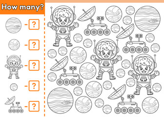counting game for kids. math game. how many space objects. count cartoon astronauts boy, lunar rover