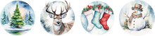 Watercolor Illustration Of Christmas Tree, Snowman, Stockings, Reindeer On Circle Shaped Background