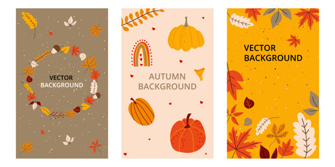 Collection of cute autumn postcards. Thanksgiving. Beautiful fall templates of flyers, greeting cards. Pumpkins, leaves, autumn colors. Vector illustration, hand drawn style. 