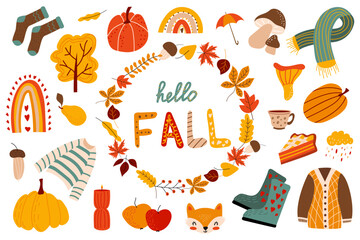 Vector set of autumn elements. Autumn season. Leaves, acorns, sweater, scarf, pumpkins, boots, mushroom, pie, rainbow, lettering Hello Fall. Collection of fall elements for scrapbooking.