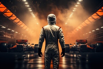 F1 Racer isolated.Neon lights and smoke effect. Motorsport racing cars. race car. racing competition. blurred background with a Copy Space. Made With Generative AI.