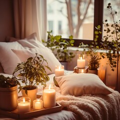 Wall Mural - Mindfulness home interior decor, green plants and candles in beautiful afternoon light, natural cozy calm home decoration