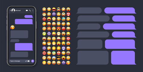 Smartphone messaging app, user interface with emoji. SMS text frame. Chat screen, violet message bubbles. Texting app for communication. Social media application. Dark mode. Vector illustration