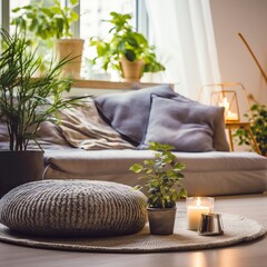 mindfulness home interior decor, green plants and candles in beautiful afternoon light, natural cozy