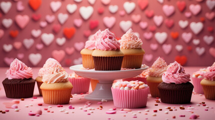 Wall Mural - Cupcakes and Cookies Placed on Table with Pink Cloth