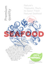 Fresh Seafood Shop Advertising Poster With Vintage Marine Life Sketch. Fishy Market Retro Print. Sea Food Label Creative Typography Template. Natural Fish Product Placard Engraving Drawing Eps Artwork