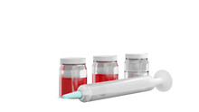 3D Rendering Of Syringe Injection With Vaccine, Red Fluid Substance, Medical Equipment Concept