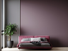 Luxury Plum Violet Colors In The Interior Design Room. Lilac Mauve  Paint Walls And Bed. Dark Room In Deep Rich Trend Material - Mockup Background For Art. Modern Premium Bedroom. 3d Rendering 