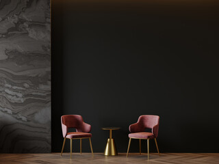 Wall Mural - Large master living room in dark black gray colors. Rose pink set of chairs and gold table. Background blank wall mockup for wallpaper or paintings. Luxury lounge or reception office. 3d rendering