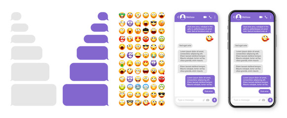 Smartphone messaging app, user interface design with emoji. SMS text frame. Chat screen with violet message bubbles. Texting app for communication. Social media application. Vector illustration