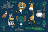 Fototapeta Pokój dzieciecy - Group of safari animals cartoon with forest element in hand drawn style