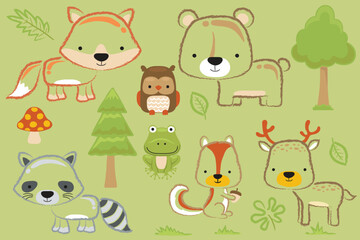 Wall Mural - Group of woodland animals cartoon with forest elements in hand drawn style