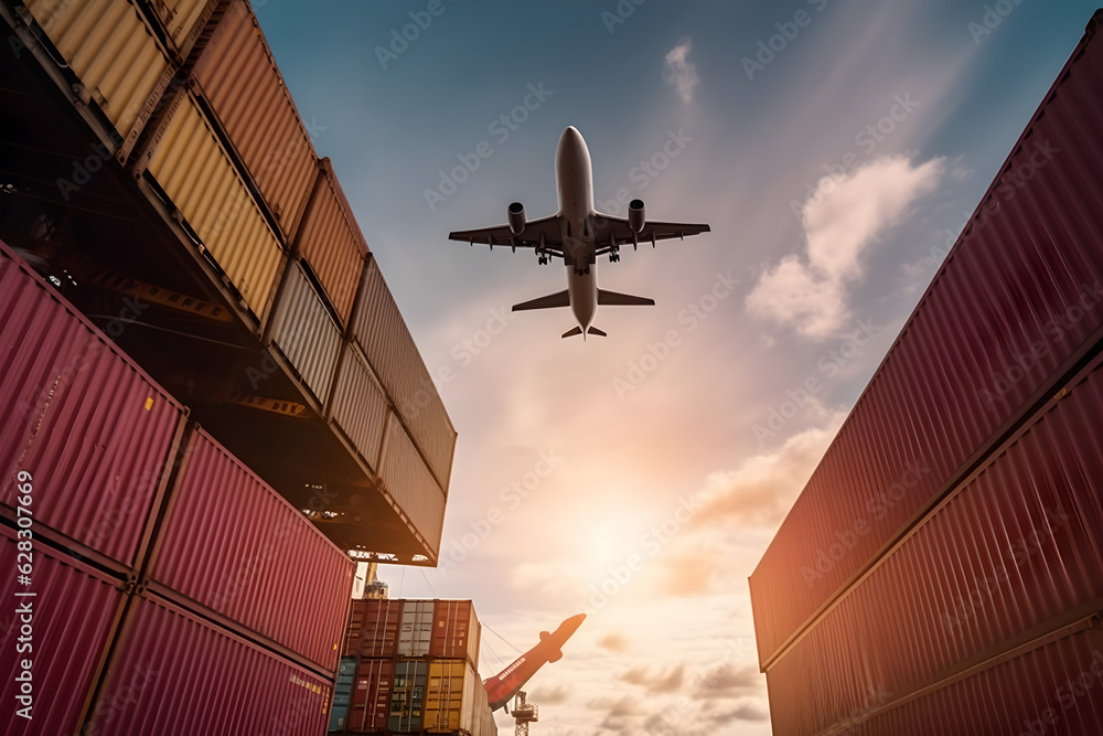 airplane flying above container logistic cargo and shipping business ...