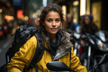 Wall Mural - A food delivery woman riding a bike with a backpack full of food containers, wearing a bright yellow delivery uniform, and a reflective vest. Generative AI