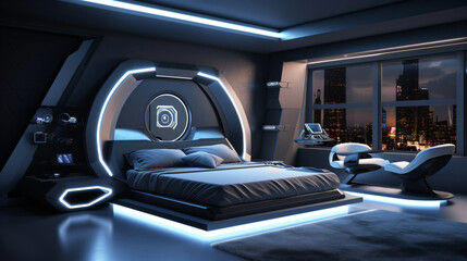 Interior of a cozy modern futuristic luxus bedroom - created with AI 