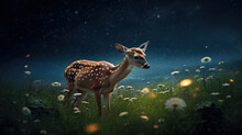 Mystical Fawn Eating Grass At Night