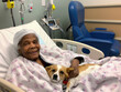 © leezsnow - Sick elderly black woman lying in a hospital bed with a therapy dog on her lap. She is smiling at the camera.
