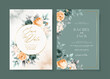 Elegant watercolor wedding invitation template set with emerald green orange floral and leaves decoration