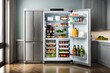an open luxury refrigerator filled with lots of different types of food and drinks in it's door, with a shelf full of fruits and vegetables