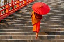 Close Up Back Of Monk With Red Umbrella Walk On Stair Up To Big Buddha Statue.
