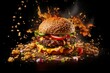 Spicy hamburger with flying ingredients on dark background Food photography concept