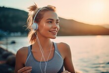 A Woman Wearing Headphones And Running By The Water