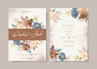 Wall Mural - Watercolor wedding invitation template set with navy brown floral and leaves decoration