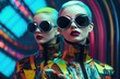 Two mannequins dressed in futuristic clothing and sunglasses