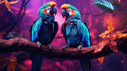 Canvas Print - Two Colorful Parrots Sitting on a Branch