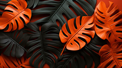 Canvas Print - Some Black Monstera Leaves Lay On A Walled Orange 